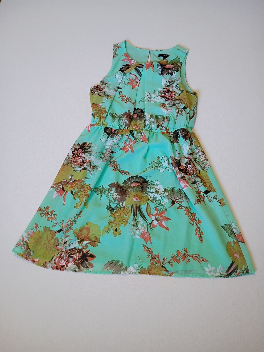 Forever 21 Teal Floral Sleeveless Chiffon Dress Cottagecore Summer Mini Size M
